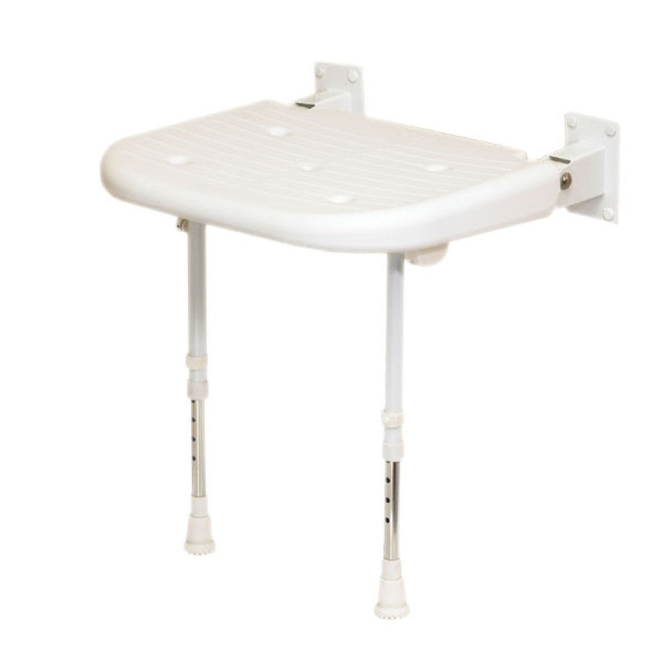 AKW Advanced wall mounted fold up moulded horseshoe seat with support legs back and grey padded arms