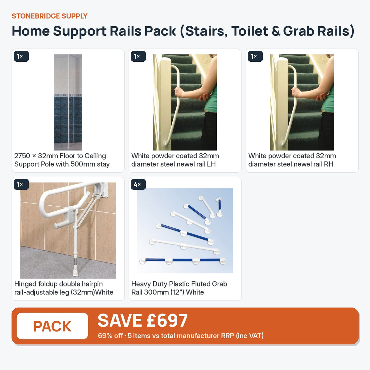 Home Support Rails Bundle (Stairs, Toilet & Grab Rails): 5 items shown together, save £91 inc VAT vs buying separately