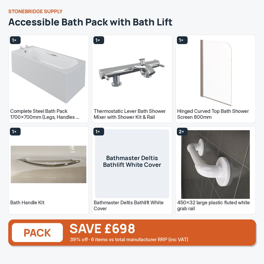 Accessible Bath Bundle with Bath Lift: 6 items shown together, save £175 inc VAT vs buying separately