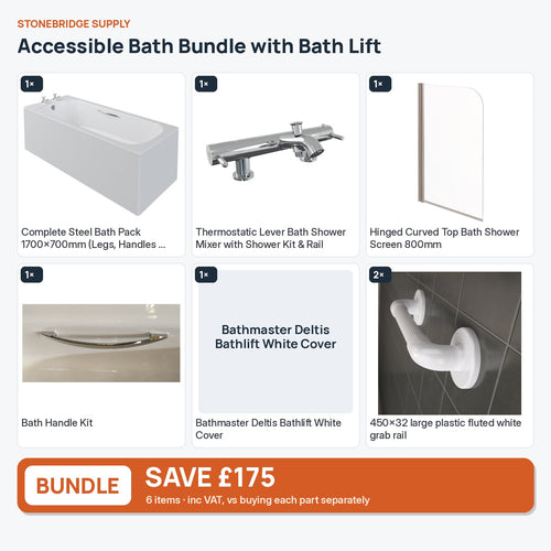 Accessible Bath Bundle with Bath Lift: 6 items shown together, save £175 inc VAT vs buying separately
