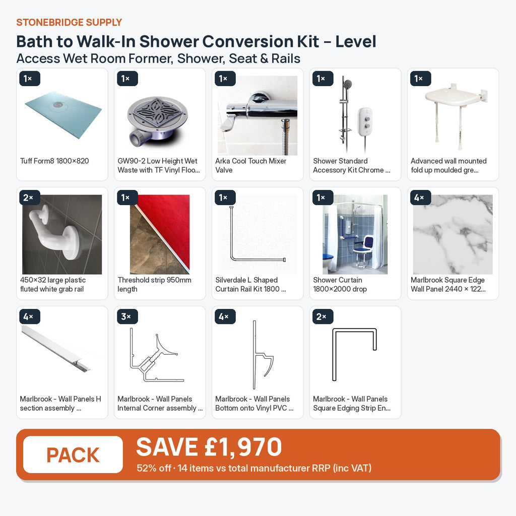 Bath to Walk-In Shower Conversion Bundle: 14 items shown together, save £643 inc VAT vs buying separately