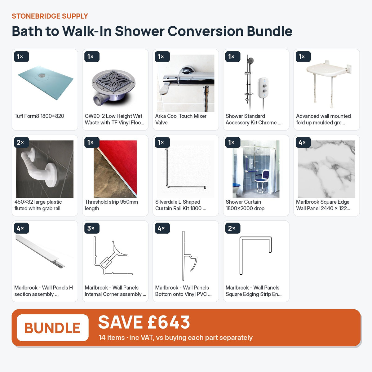 Bath to Walk-In Shower Conversion Bundle: 14 items shown together, save £643 inc VAT vs buying separately