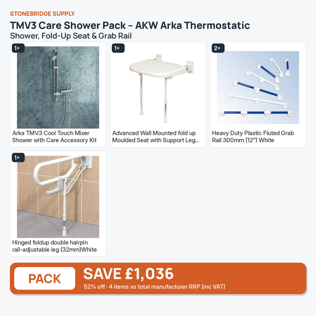 TMV3 Care Shower Pack – AKW Arka Thermostatic Shower, Fold-Up Seat & Grab Rail: 4 items shown together, save £1,036 inc VAT vs total manufacturer RRP