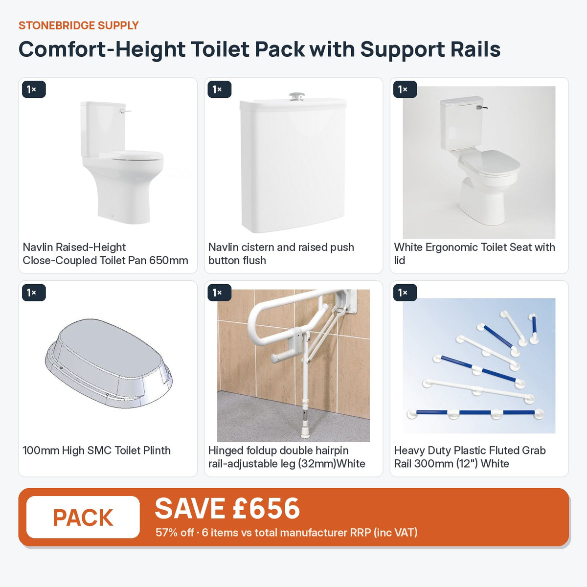 Comfort-Height Toilet Bundle with Support Rails: 6 items shown together, save £60 inc VAT vs buying separately
