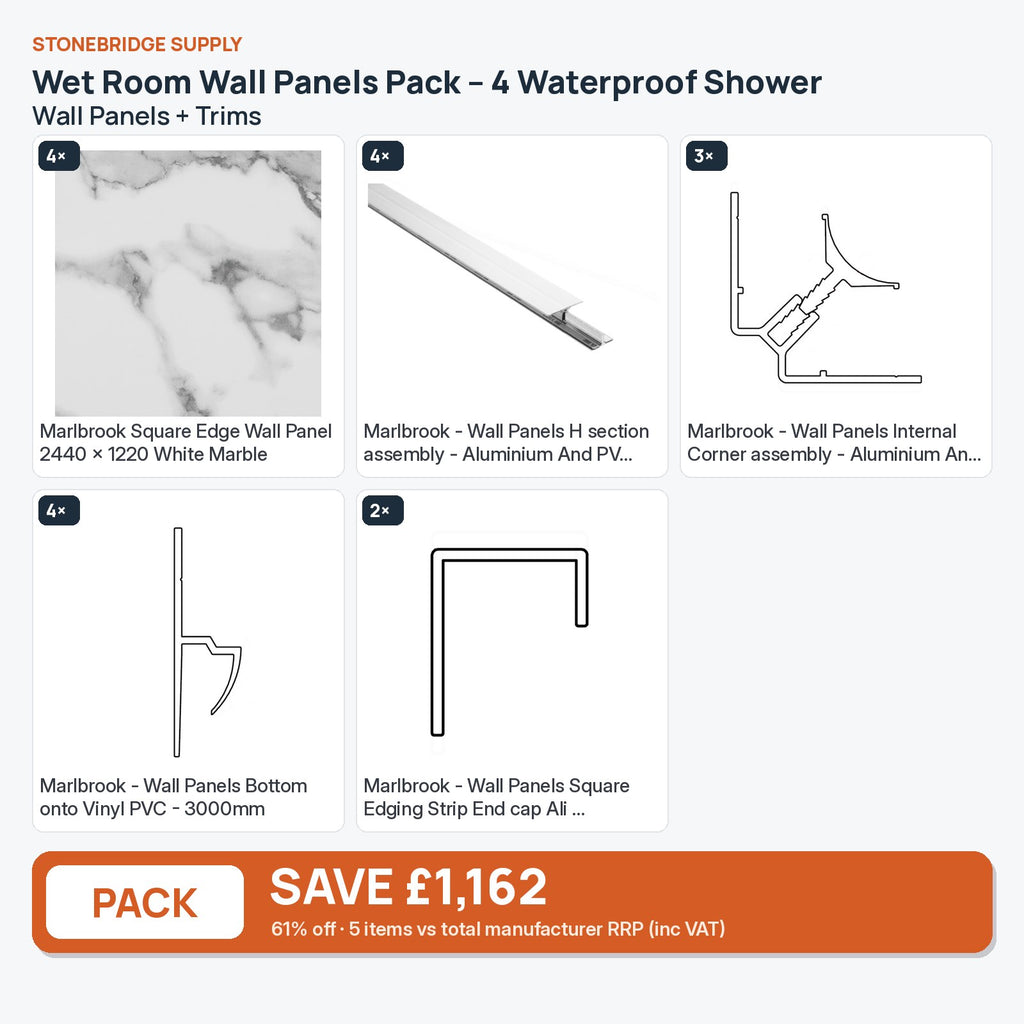 Wet Room Wall Panels Pack – 4 Waterproof Shower Wall Panels + Trims: 5 items shown together, save £1,162 inc VAT vs total manufacturer RRP
