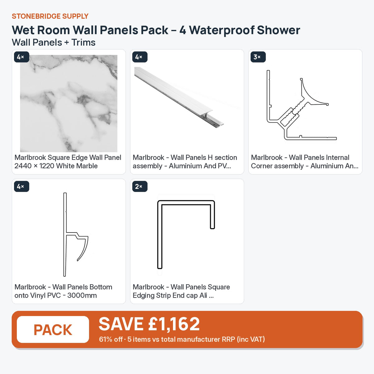 Wet Room Wall Panels Pack – 4 Waterproof Shower Wall Panels + Trims: 5 items shown together, save £1,162 inc VAT vs total manufacturer RRP