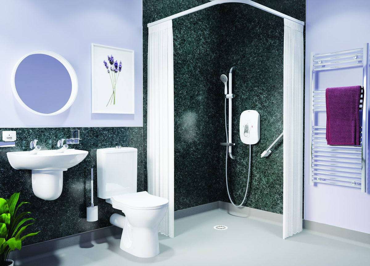 Shower Wall Panel Pack (4 Panels + Trims): example AKW room installation
