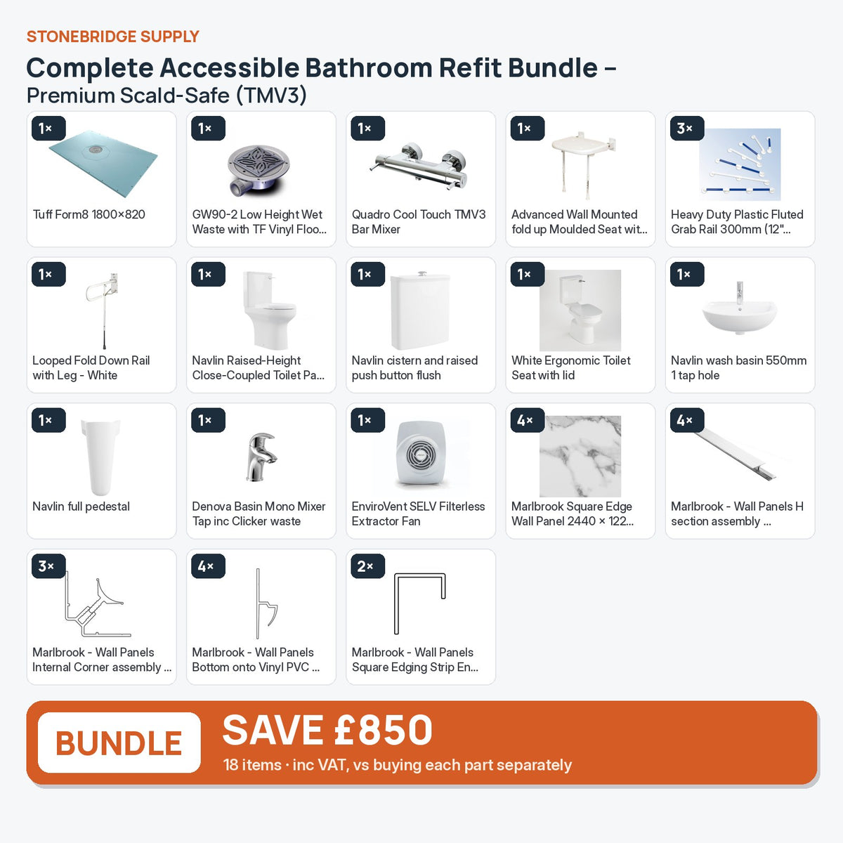 Complete Accessible Bathroom Refit Bundle – Premium Scald-Safe (TMV3): 18 items shown together, save £850 inc VAT vs buying separately