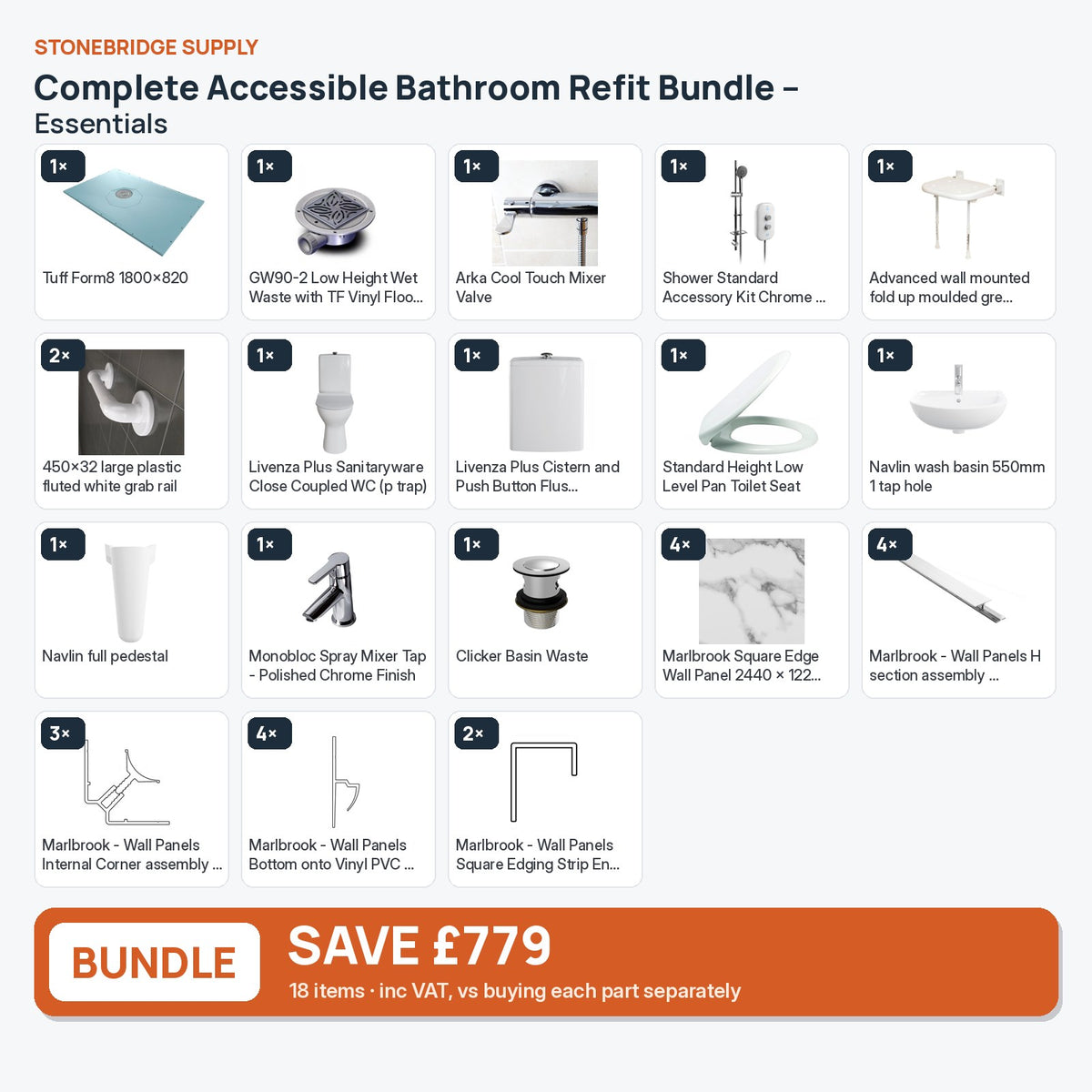 Complete Accessible Bathroom Refit Bundle – Essentials: 18 items shown together, save £779 inc VAT vs buying separately