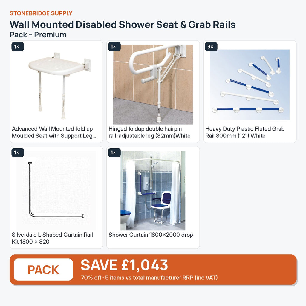 Wall Mounted Disabled Shower Seat & Grab Rails Pack – Premium: 5 items shown together, save £1,043 inc VAT vs total manufacturer RRP