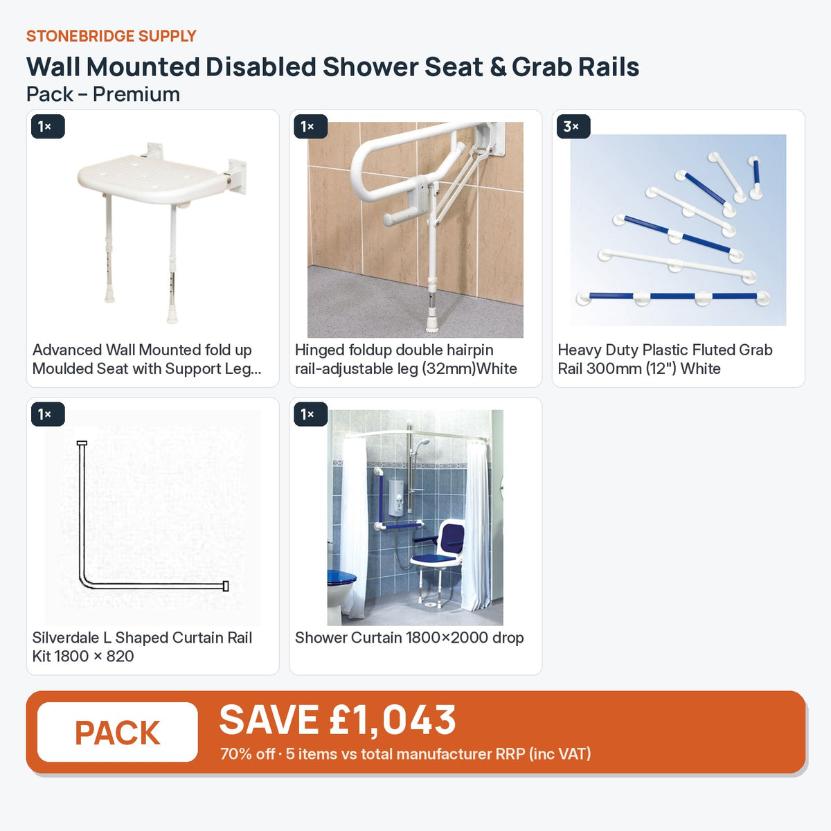 Shower Seat & Grab Rail Bundle – Premium: 5 items shown together, save £322 inc VAT vs buying separately