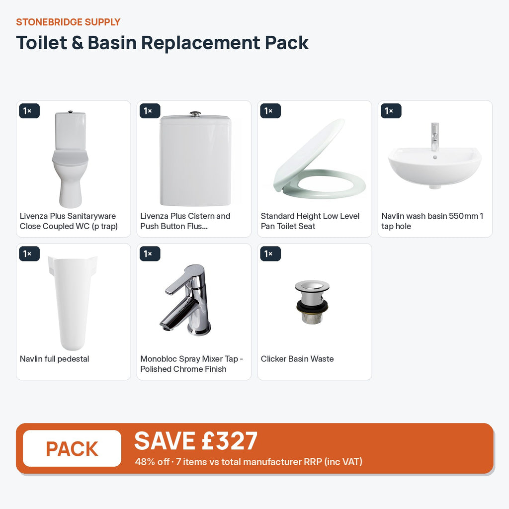 Toilet & Basin Replacement Pack: 7 items shown together, save £327 inc VAT vs total manufacturer RRP