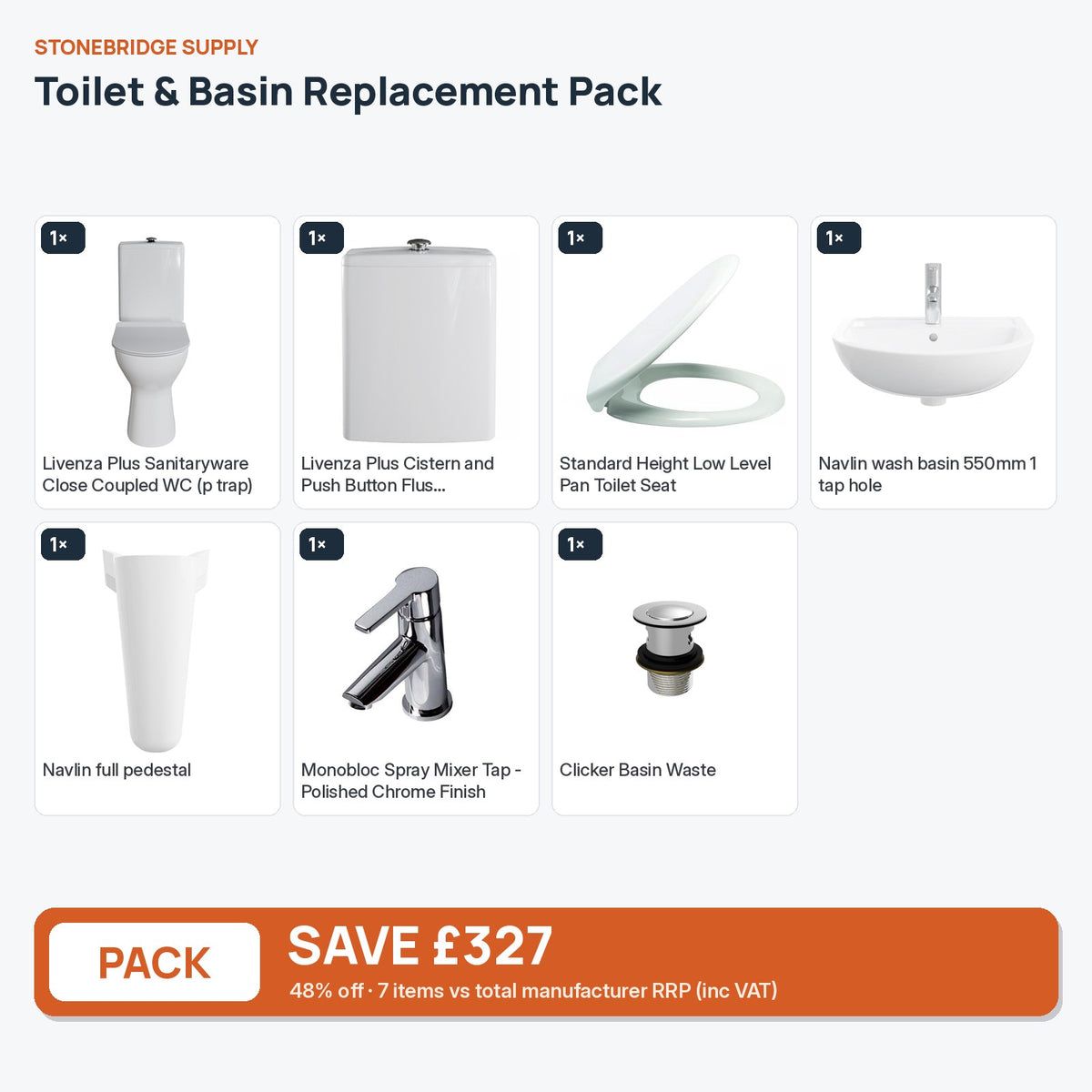 Toilet & Basin Replacement Pack: 7 items shown together, save £327 inc VAT vs total manufacturer RRP