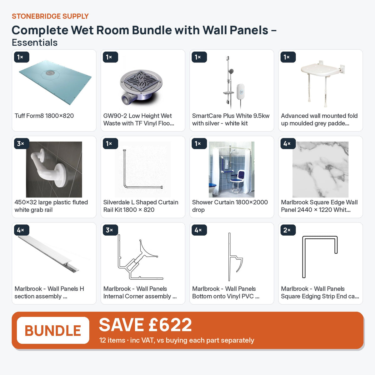 Complete Wet Room Bundle with Wall Panels – Essentials: 12 items shown together, save £622 inc VAT vs buying separately