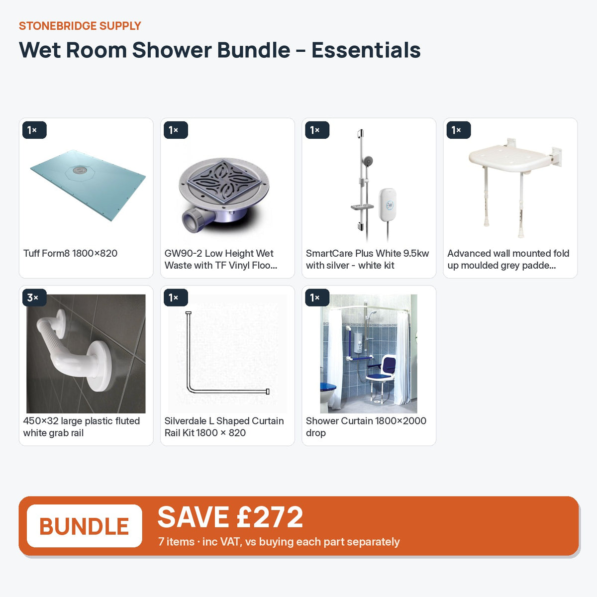 Wet Room Shower Bundle – Essentials: 7 items shown together, save £272 inc VAT vs buying separately