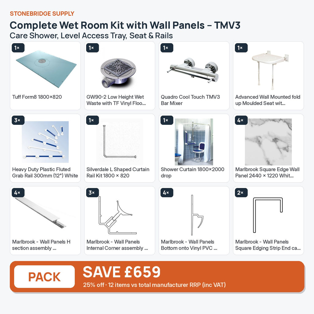 Complete Wet Room Kit with Wall Panels – TMV3 Care Shower, Level Access Tray, Seat & Rails: 12 items shown together, save £659 inc VAT vs total manufacturer RRP
