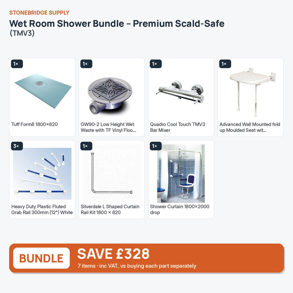 Wet Room Shower Bundle – Premium Scald-Safe (TMV3): 7 items shown together, save £328 inc VAT vs buying separately